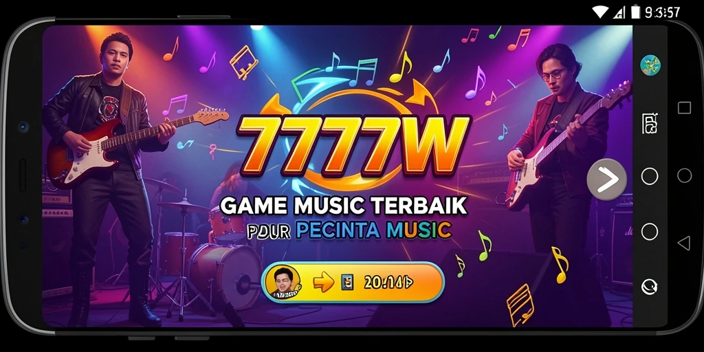 Screenshot 7777W menunjukkan gameplay seru dengan musik yang dinamis.