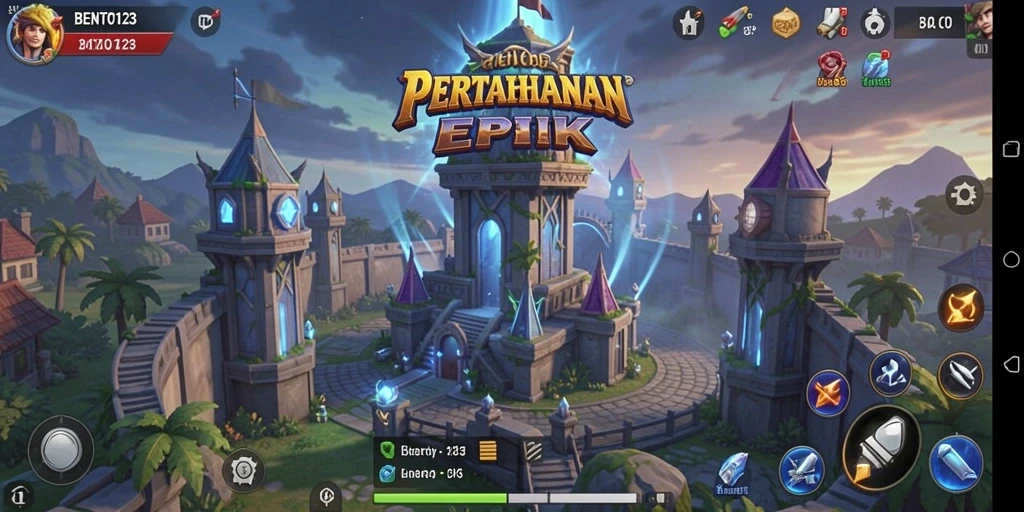 Tampilan gameplay seru BENTO123 dengan menara dan strategi pertahanan.