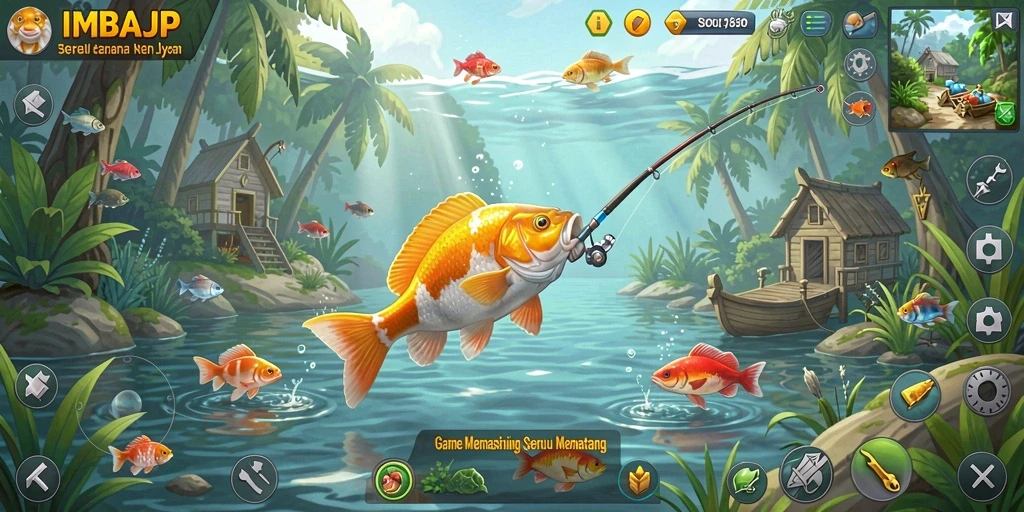 Tampilan gameplay menarik di <strong>IMBAJP</strong> menunjukkan aksi memancing yang seru.