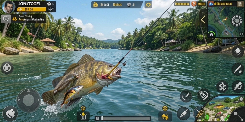 Tampilan gameplay JONITOGEL saat menangkap ikan di lautan.
