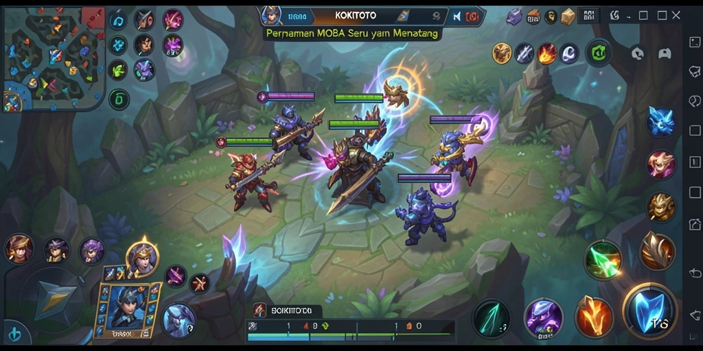 Screenshot KOKITOTO menampilkan pertarungan seru antar tim MOBA.