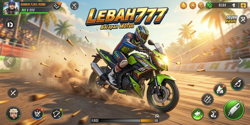 Screenshot LEBAH777 menampilkan balapan motor yang mendebarkan di trek yang menantang.