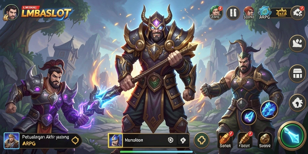 Tangkapan layar LMBASLOT menampilkan pertarungan epik dalam dunia ARPG yang fantastis.