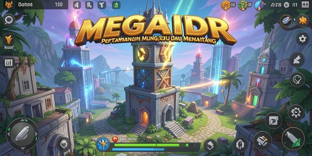 Tampilan menakjubkan dari gameplay MEGAIDR dengan menara dan musuh.