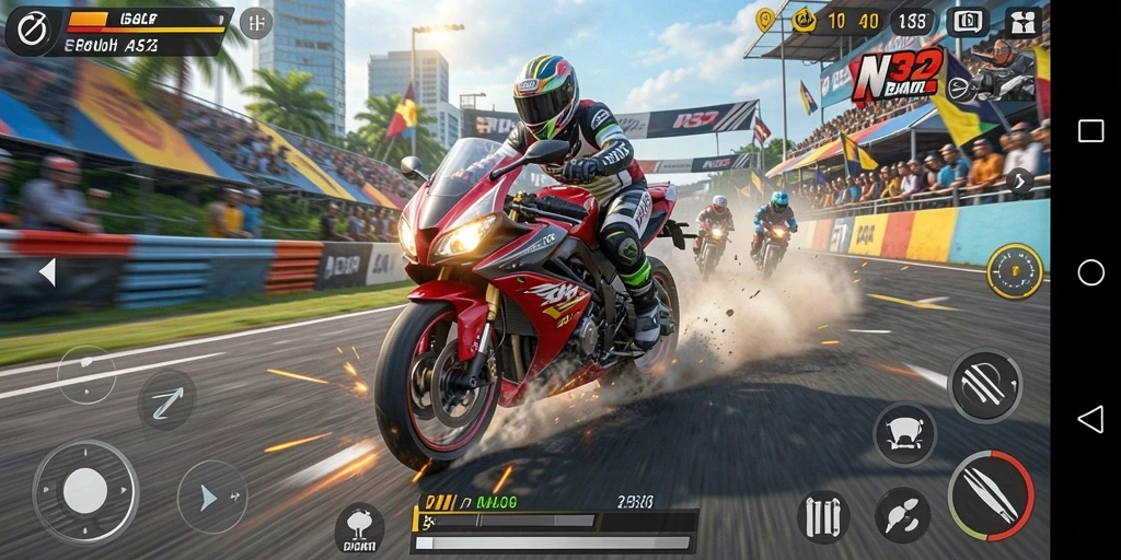 Gameplay N32 yang mendebarkan dengan motor balap cepat.