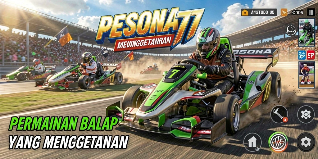 Screenshot menunjukkan aksi balapan seru dalam PESONA77 dengan mobil yang melaju cepat.