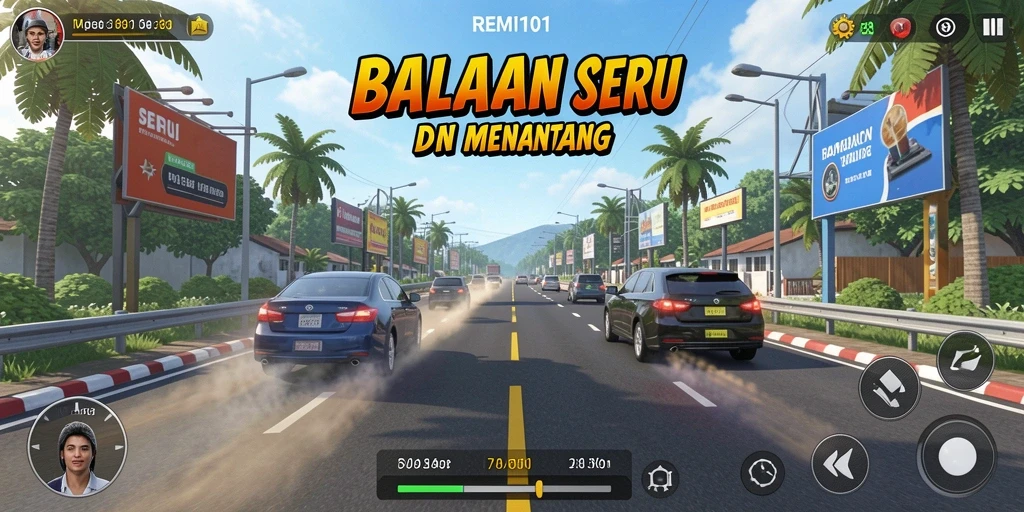 Screenshot gameplay REMI101 dengan aksi balapan yang mendebarkan.